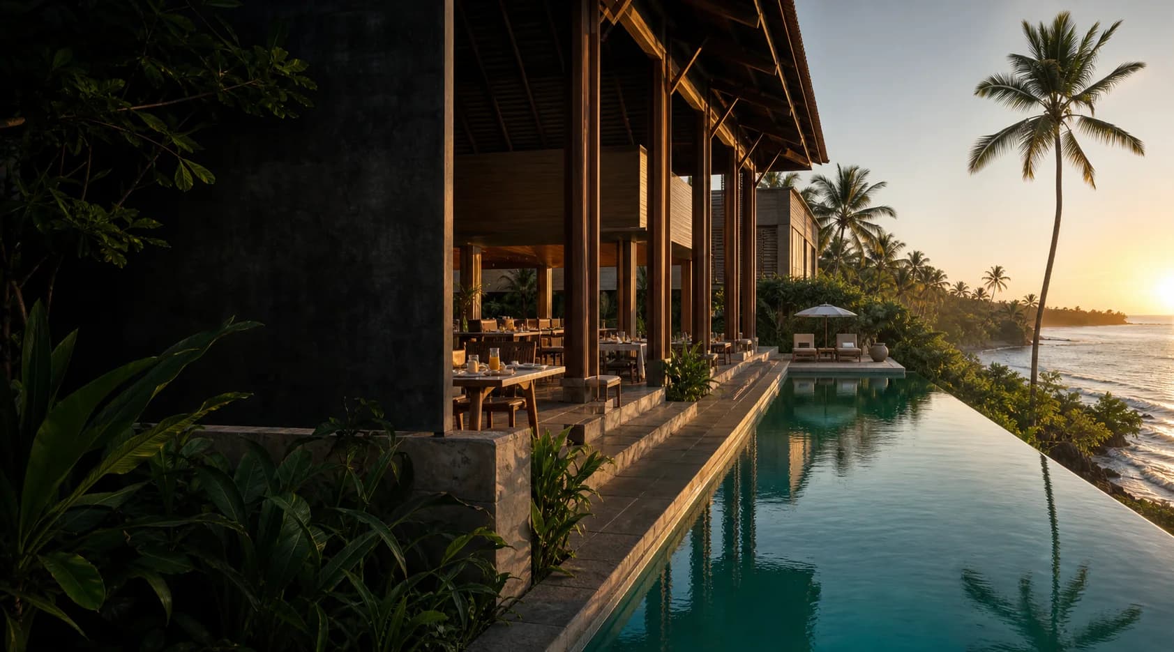 A contemporary Sri Lankan coastal resort with an infinity pool and open-air guest spaces