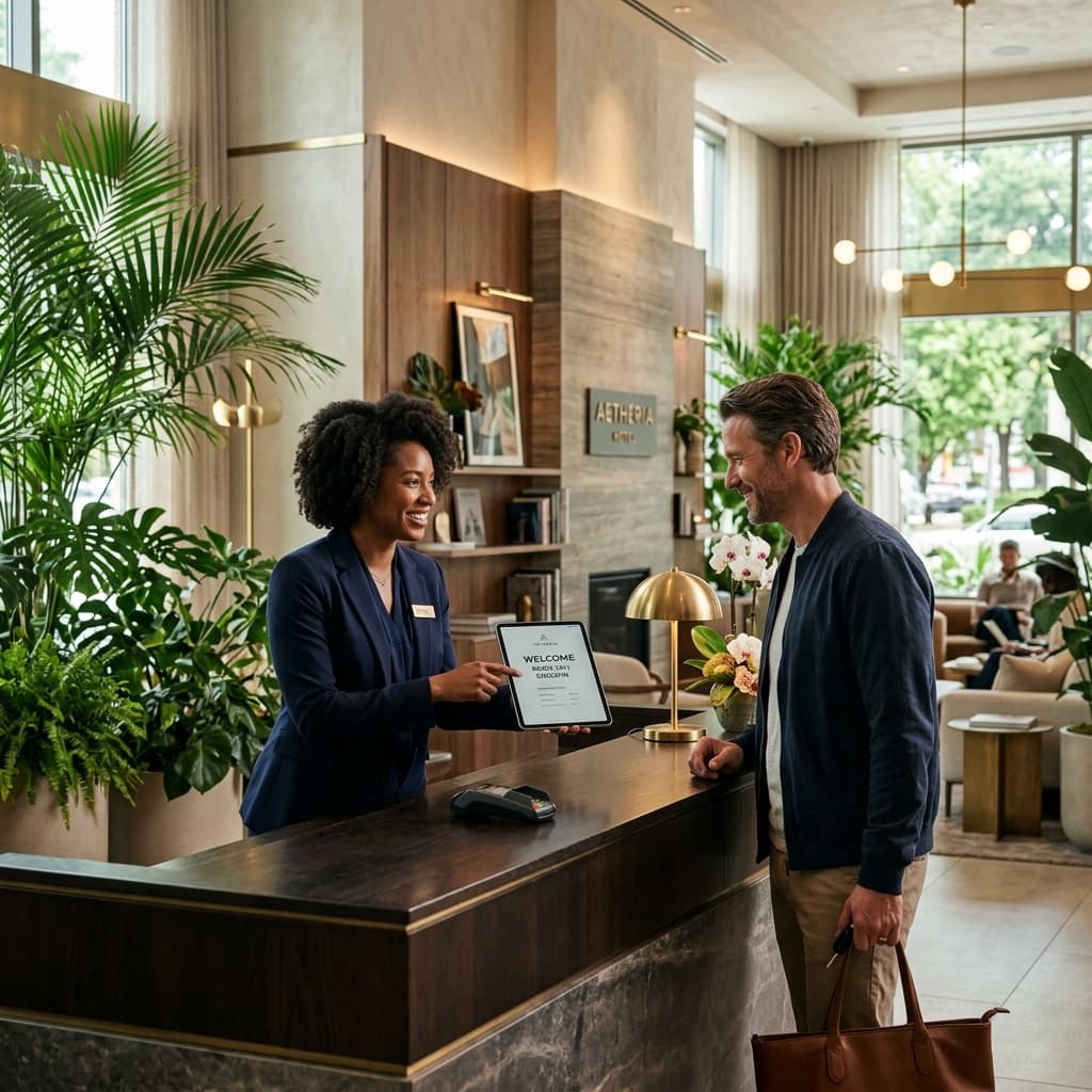 Professional boutique hotel check-in experience showing guest and receptionist
